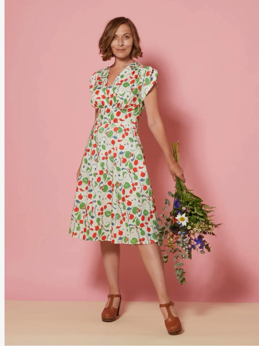Palava Rita pink swing dress vegetable veggie print L tencel 1940s repro $204